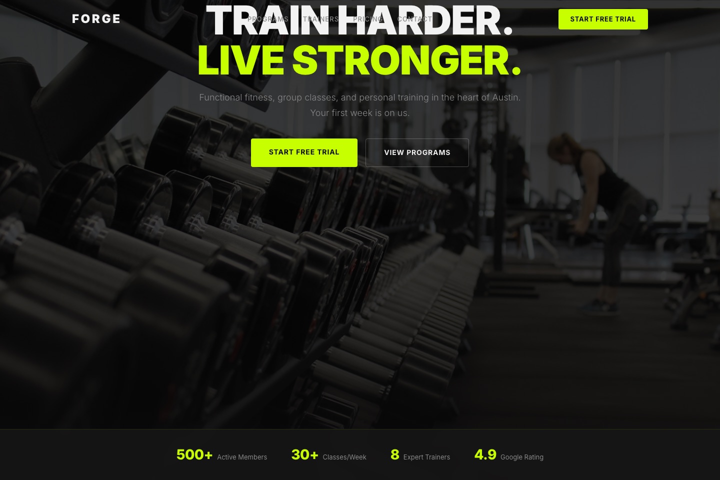 FORGE fitness studio landing page concept